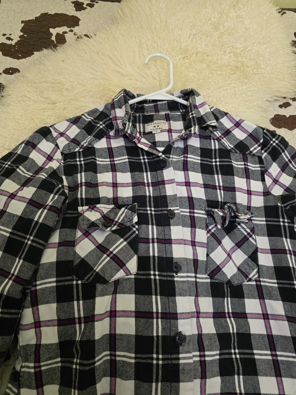 Casual Plaid Button-Down Shirt - Black, White & Purple